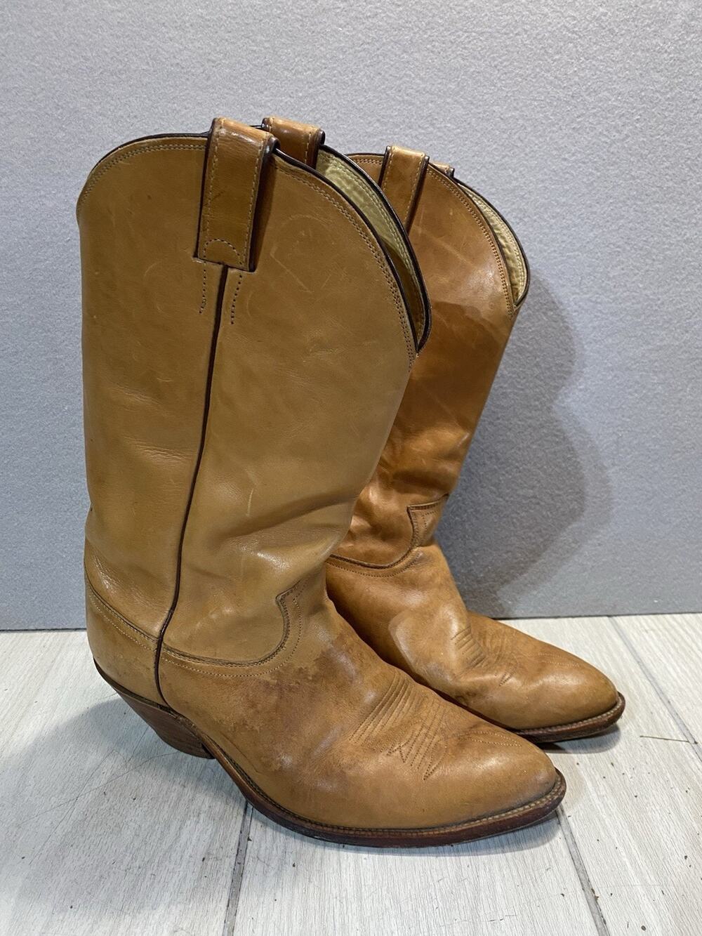 Vintage Justin Cowboy Boots Men's 10 EE Tan Mulehide Made in USA Western Amber